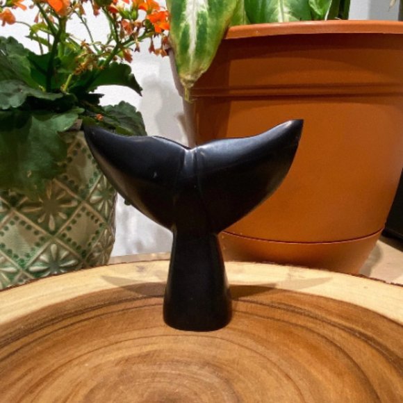 Black Marble Whale Tail Carving, Hand Carved Figurine, Ocean Themed Decor - Picture 2 of 5